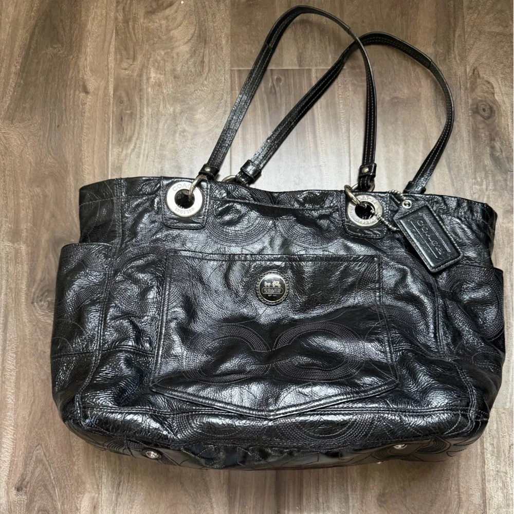 Coach Black Leather Signature-Pattern Tote with Silver Hardware diaper bags